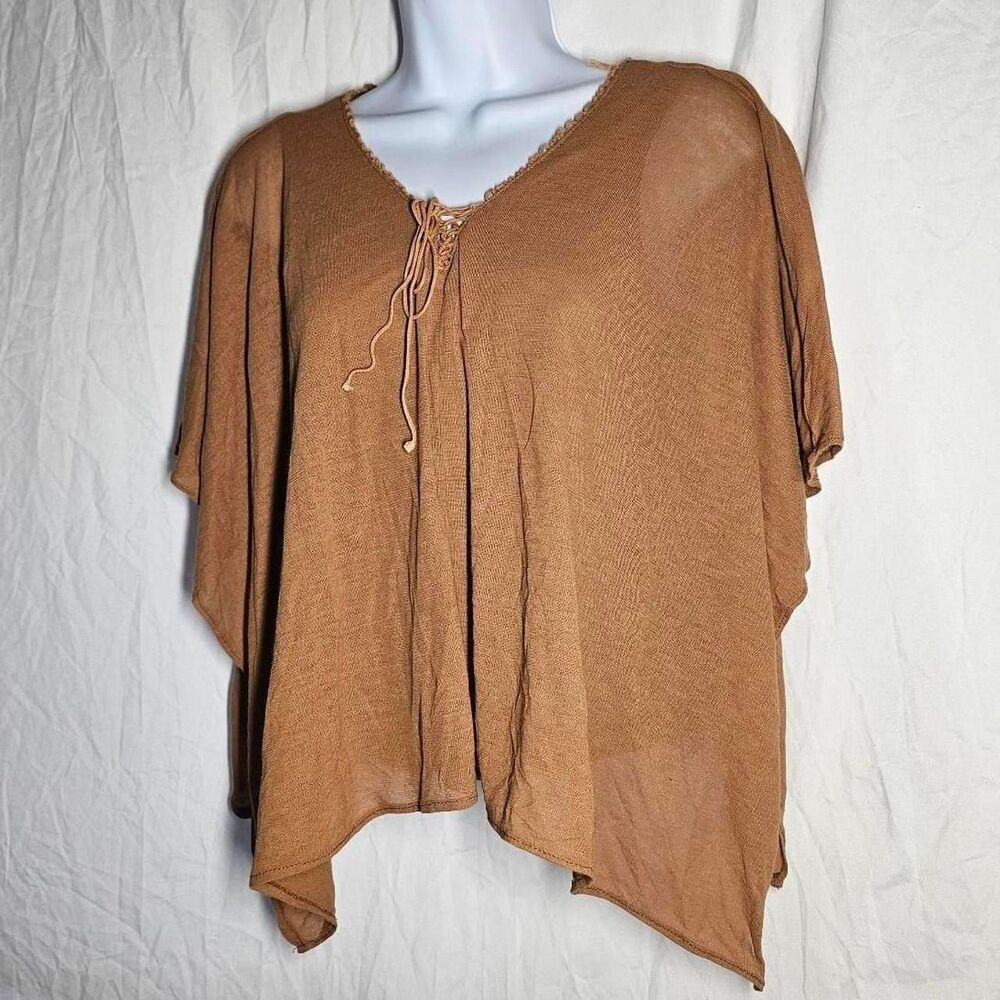 vintage y2k 90s tan French micro mesh batwing top